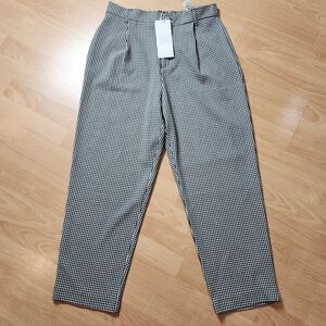 NWT Zara Black White Plaid Pleated Pants Drapey Straight Tapered Ankle Size L